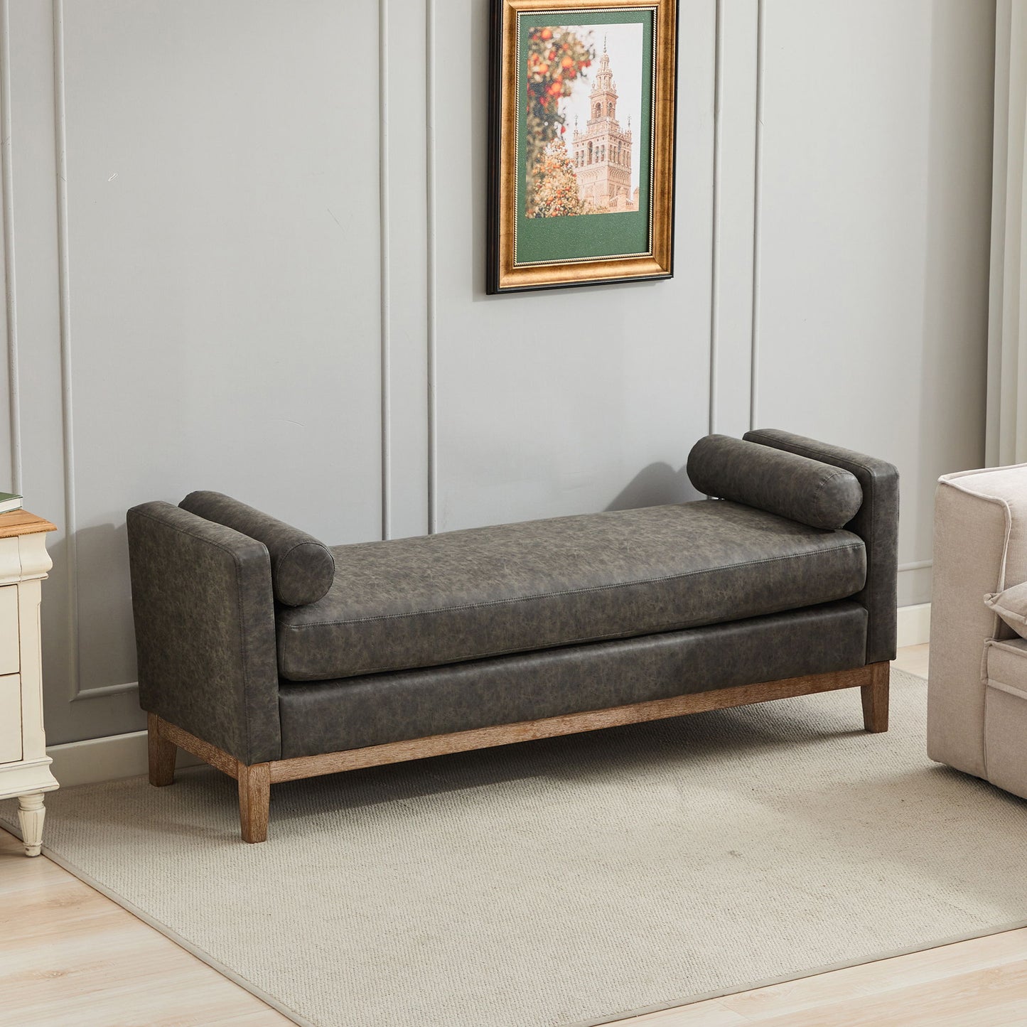 Elegant Upholstered Bench, Daybed, Ottman With Wood Legs & 2 Bolster Pillows For Bedroom, Living Room, Entryway - Gray