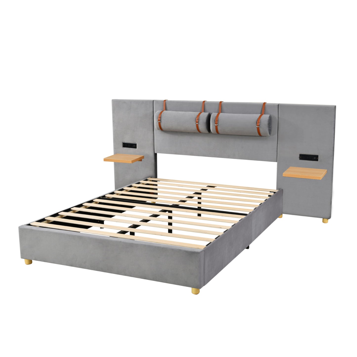 Queen Upholstered Platform Bed, 2 Outlets And USB Charging Ports On Both Sides, 2 Bedside Pillows, Storage Shelves - Gray