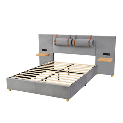 Queen Upholstered Platform Bed, 2 Outlets And USB Charging Ports On Both Sides, 2 Bedside Pillows, Storage Shelves - Gray
