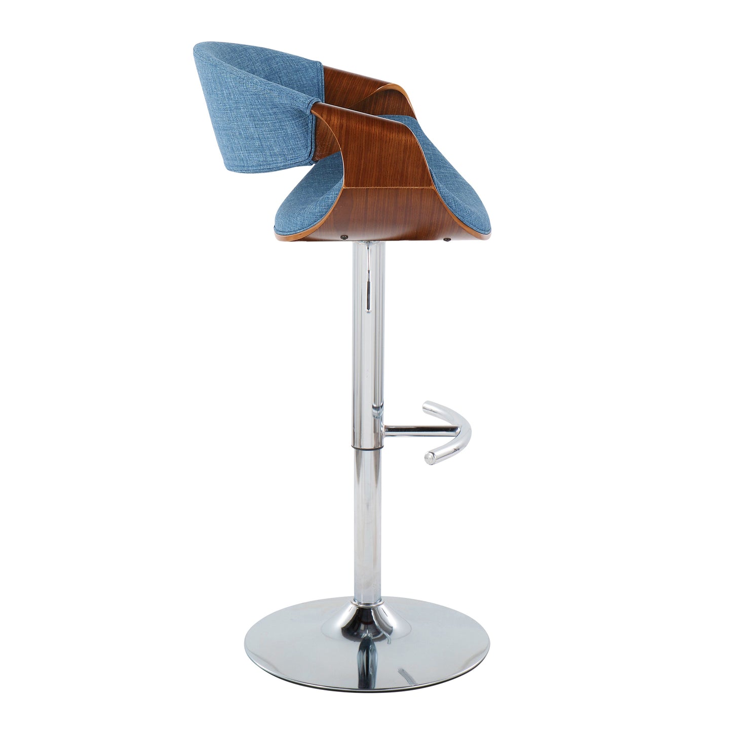 Curvo - Mid-Century Modern Adjustable Barstool With Swivel With Rounded T Footrest (Set of 2) - Chrome / Walnut / Blue