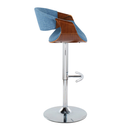 Curvo - Mid-Century Modern Adjustable Barstool With Swivel With Rounded T Footrest (Set of 2) - Chrome / Walnut / Blue