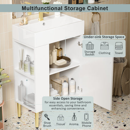 Hearth & Haven Amelia - Bathroom Vanity With Storage Cabinet, Single Ceramic Sink And Left Side Storage - White