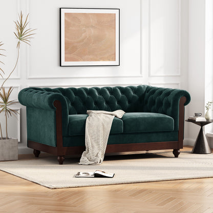 Chesterfield Velvet Loveseat Sofa 2 Person Rolled Arm Upholstered Couch - Forest Green