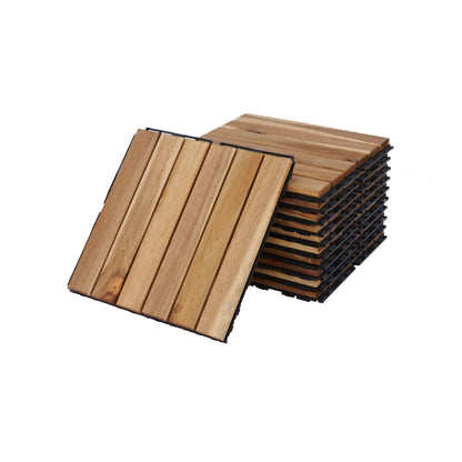 10 Piece Interlocking Deck Tiles Striped Pattern, Square Acacia Hardwood Outdoor Flooring For Patio, Bancony, Pool Side - Yellow