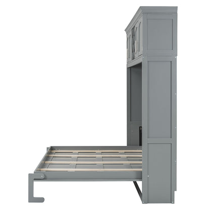 Queen Size Murphy Wall Bed With Top Cabinets & Wine Rack - Gray