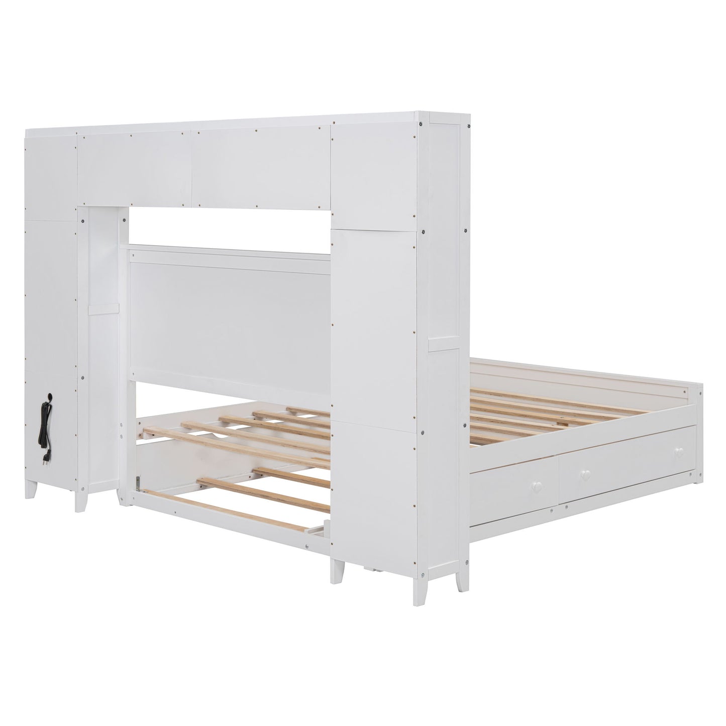 Full Size Bed With All In One Cabinet, Shelf And Sockets, Twin Size Trundle - White