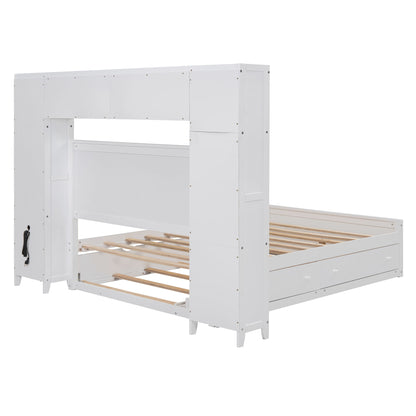 Full Size Bed With All In One Cabinet, Shelf And Sockets, Twin Size Trundle - White