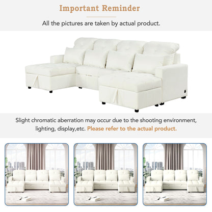 Oversized U - Shaped Sofa Versatile Sectional Sofa Pull Out Sofa Bed With Double Storage Chaise Lounges And 2 USB Ports For Living Room - Beige