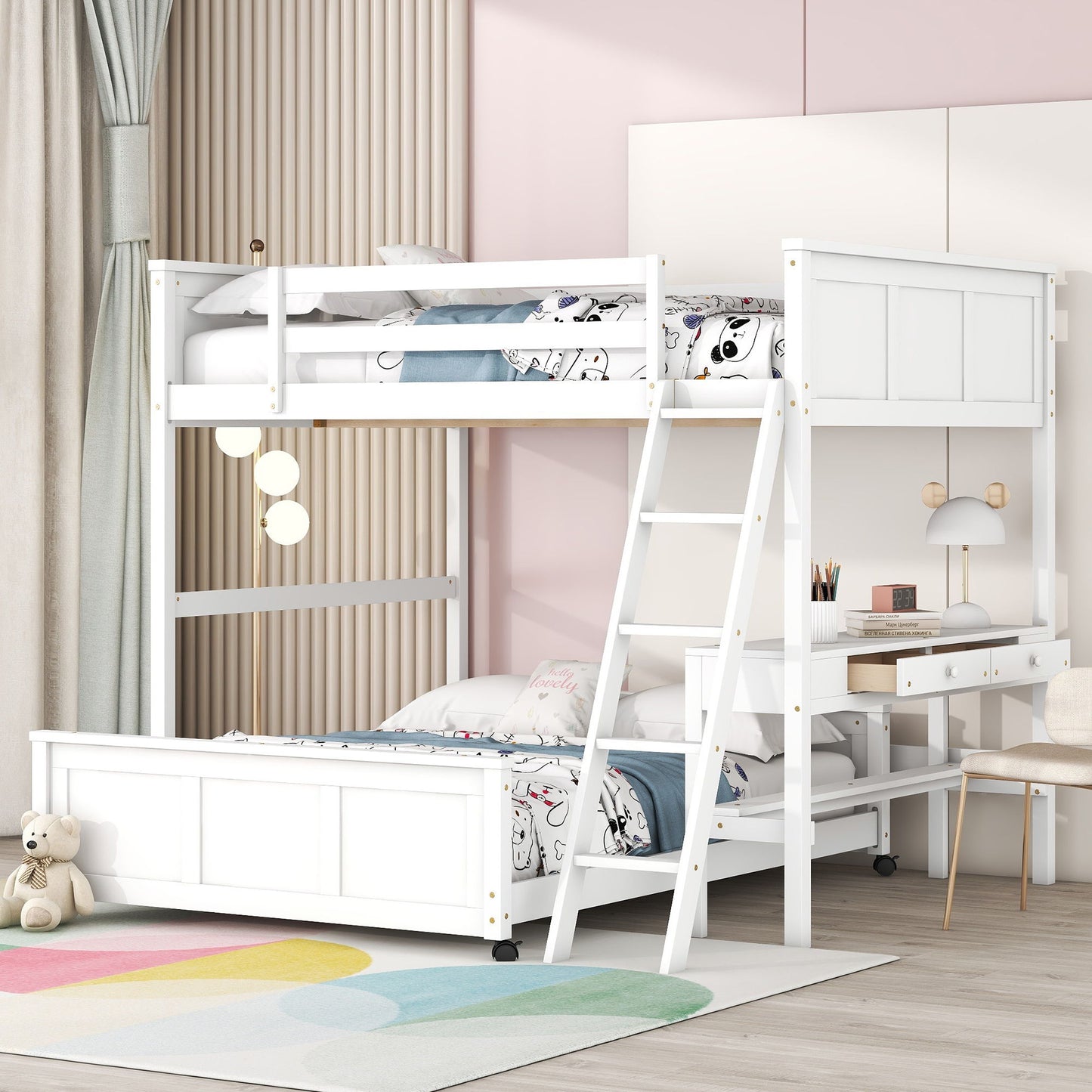 Full Over Full Bunk Bed With Desk - White
