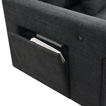 U Shaped Sectional Sofa 6 Seat Couch Set With Oversized Ottoman, Hidden Armrest Storage And Cup Holders USB Charging Ports Wide Seat Sofa - Black