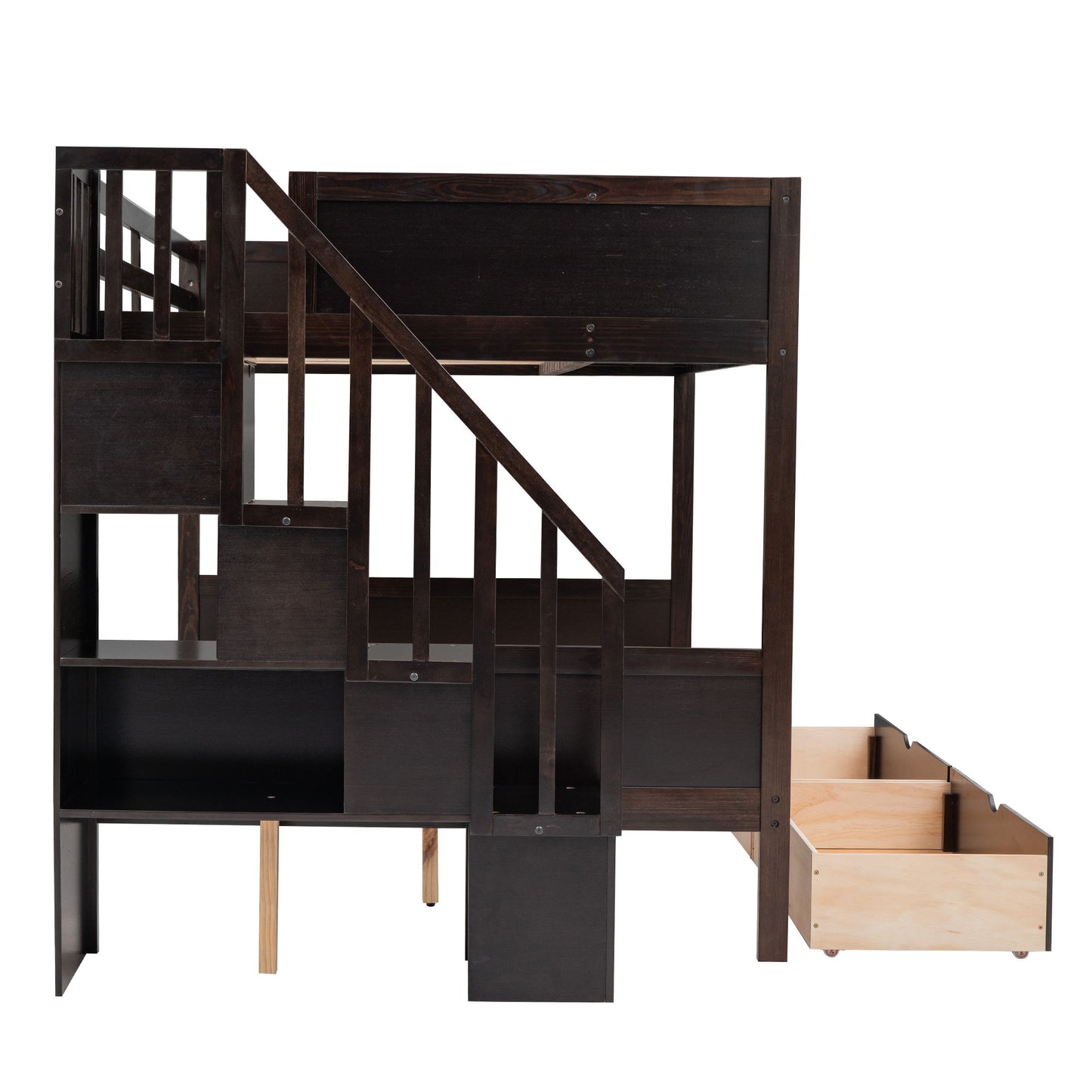 Twin Over Full Bunk Bed With Shelfs, Storage Staircase And 2 Drawers - Espresso