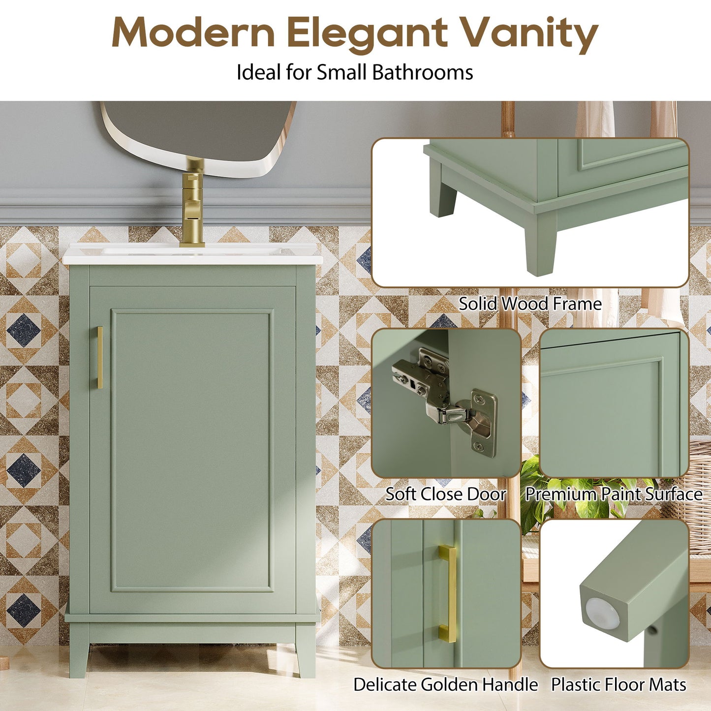 Modern Small Bathroom Vanity Cabinet With Ceramic Basin, Ample Storage, 1 Soft Close Door - Green