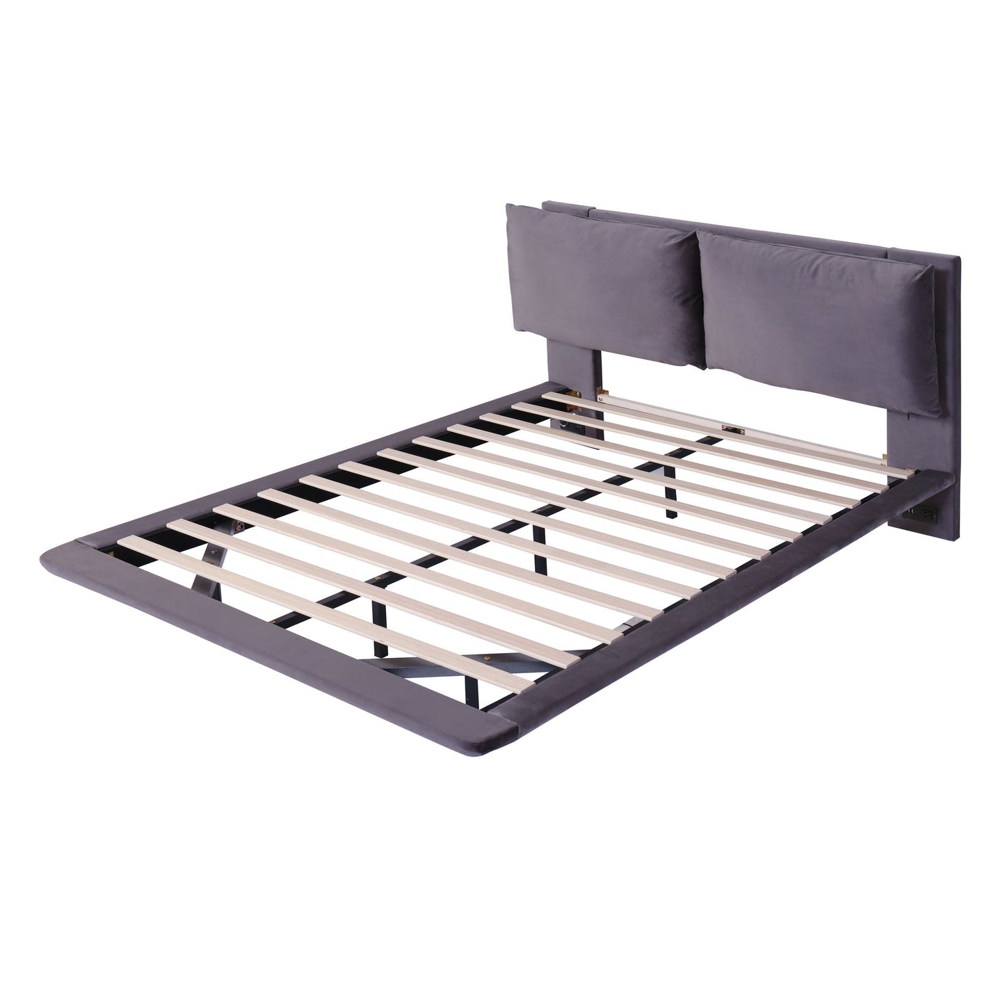 Queen Size Upholstered Platform Bed With Sensor Light And 2 Large Backrests, Stylish Platform Bed With 2 Sets Of USB Port And Socket On Each Rear Bed Leg - Gray