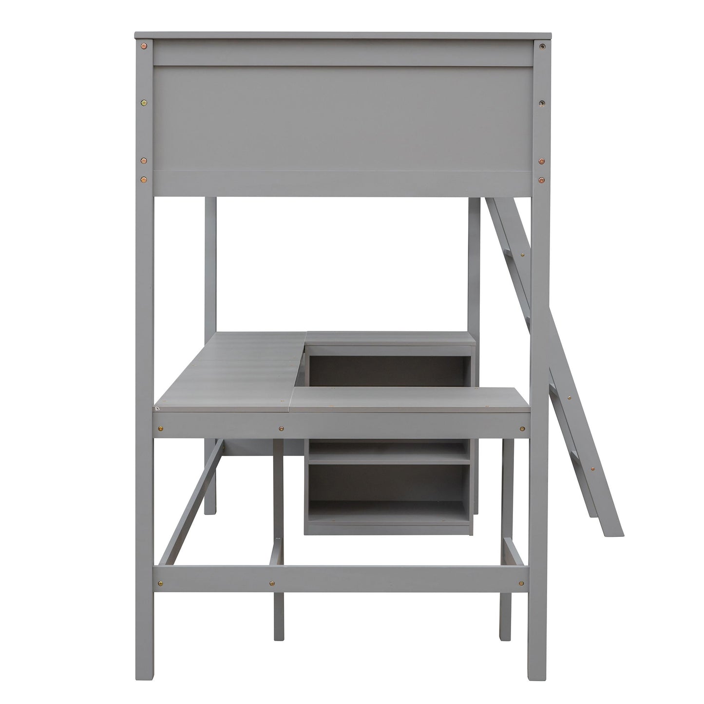 Twin Size Loft Bed With Shelves With Desk - Gray