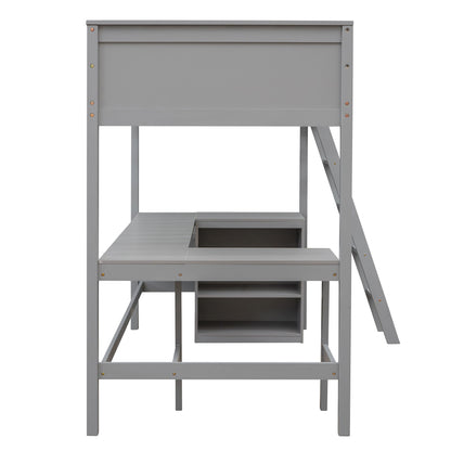 Twin Size Loft Bed With Shelves With Desk - Gray