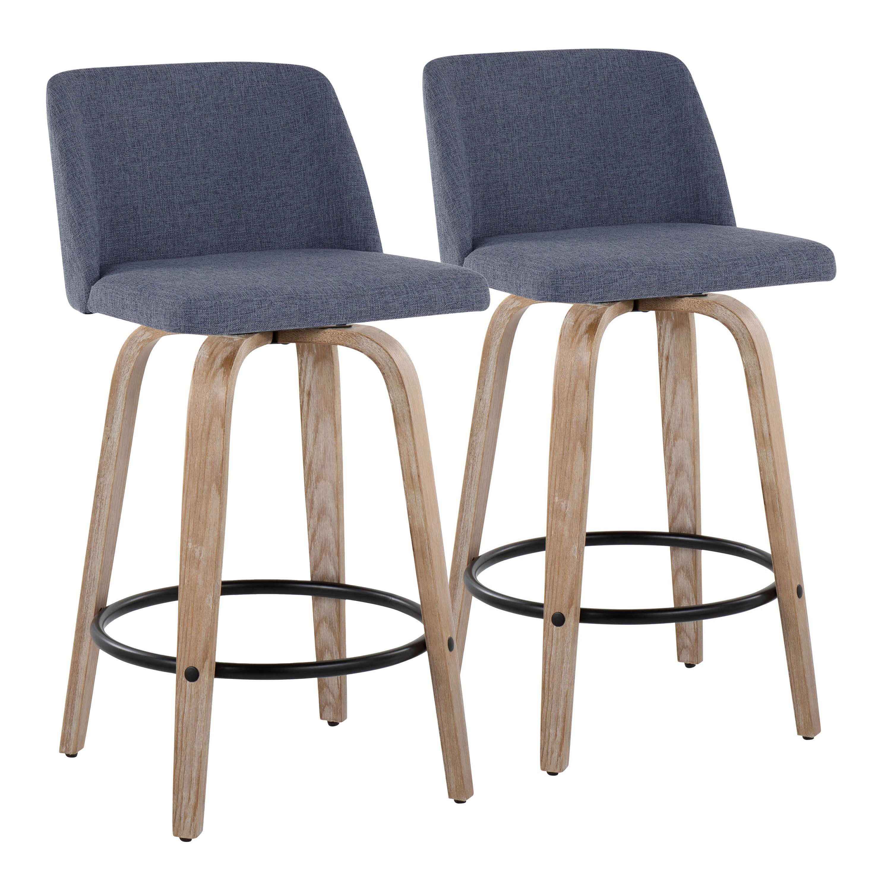 Toriano - Contemporary Fixed Height Counter Stool With Swivel With Round Footrest (Set of 2) - Blue / Whitewashed
