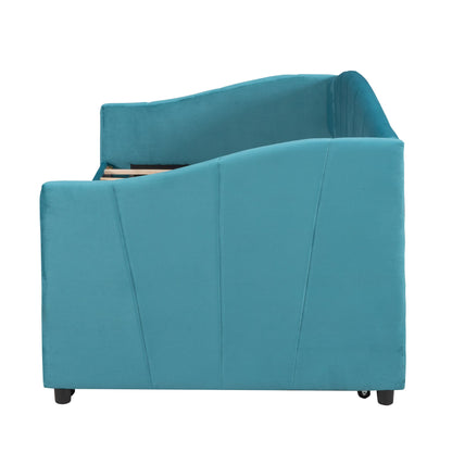 Twin Size Upholstered Daybed Sofa Bed With Trundle And Slat - Blue