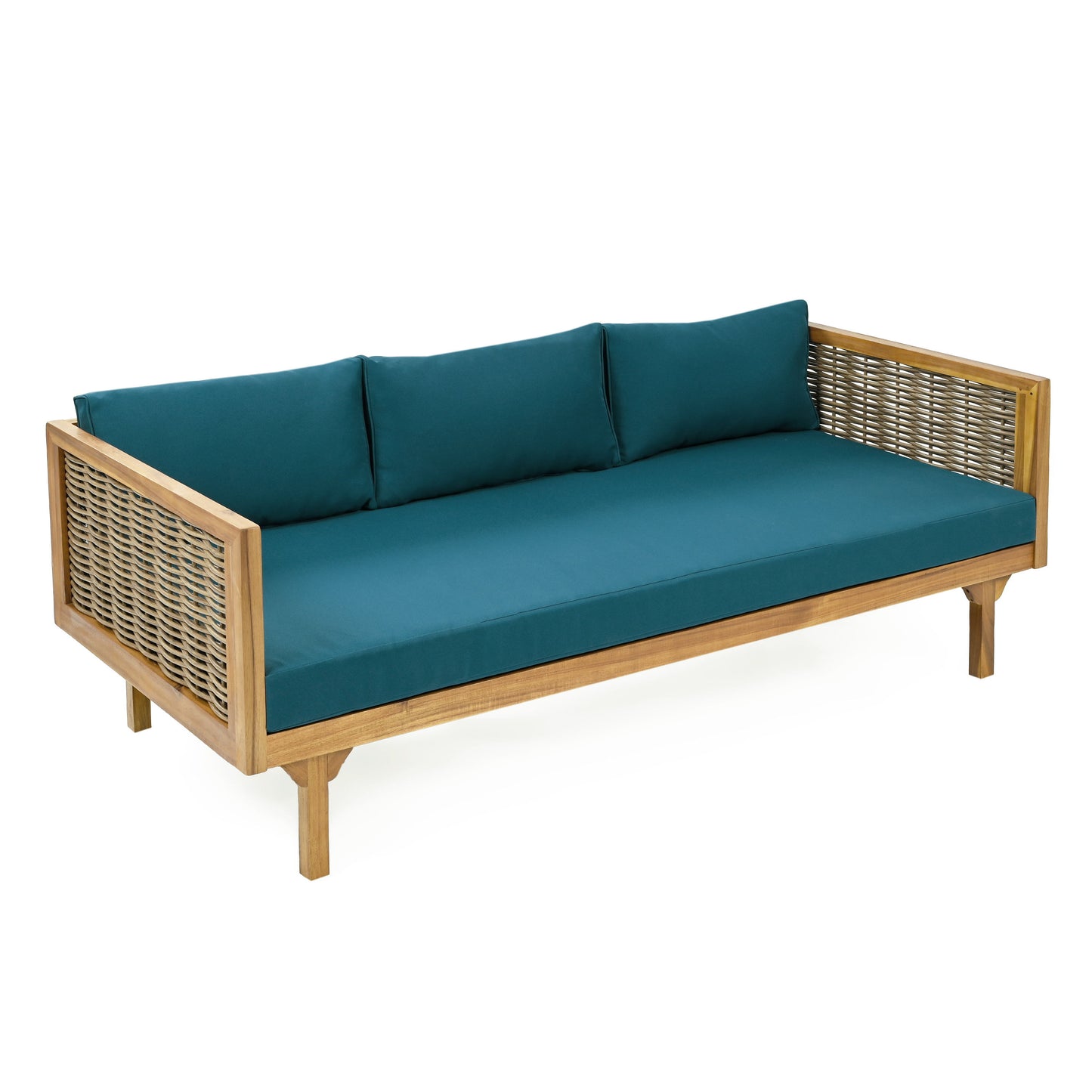 Claremont - 3 Seater Daybed With Rattan Arms And Cushions, Acacia Wood Frame - Teak / Teal