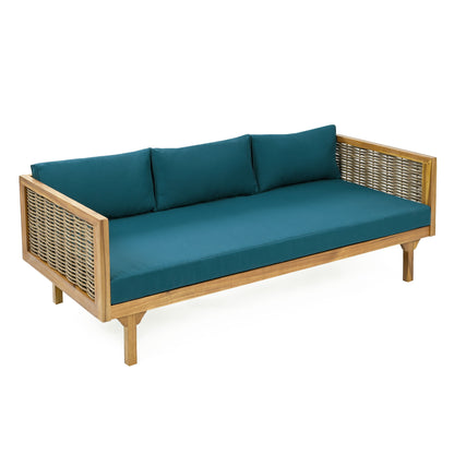 Claremont - 3 Seater Daybed With Rattan Arms And Cushions, Acacia Wood Frame - Teak / Teal