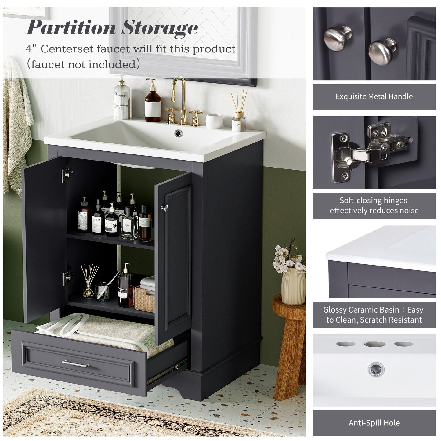 Bathroom Vanity With Ceramic Sink Combo, Modern Freestanding Storage Cabinet With Silver Handles, Soft Closing Doors - Blue Gray