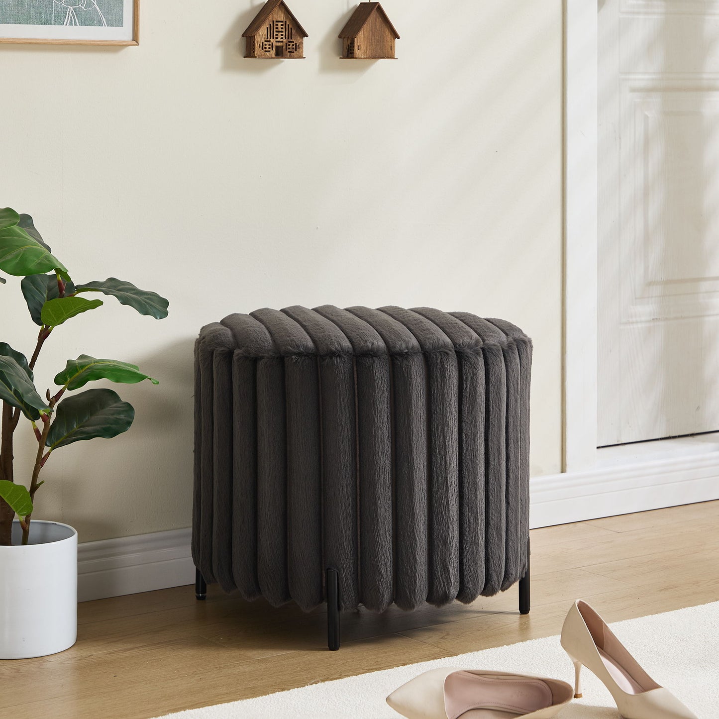 Upholstered Round Pouf Ottoman Foot Rest With Black Metal Legs - Charcoal