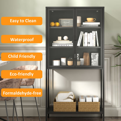 Heavy Duty Metal Storage Cabinet, Sideboards & Buffet, Display Storage Cabinet With Glass Doors And 2 Adjustable Shelves, Tall Bookcase Modern Bookshelf Cabinet For Home Office, Living Room - Black