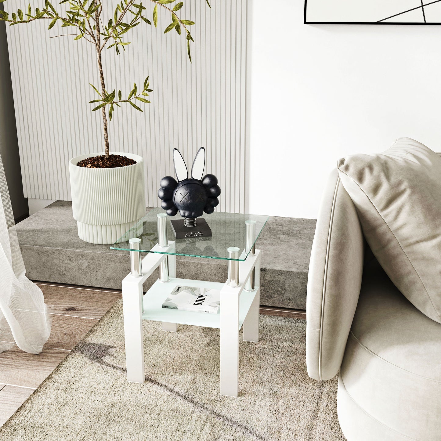 Modern Tempered Glass Tea Table, End Square Table For Living Room - Transparent / White