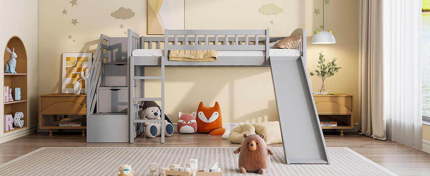 Twin Size Loft Stairway Bed With 2 Drawers And Slide - Gray