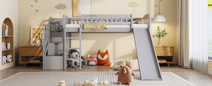 Twin Size Loft Stairway Bed With 2 Drawers And Slide - Gray