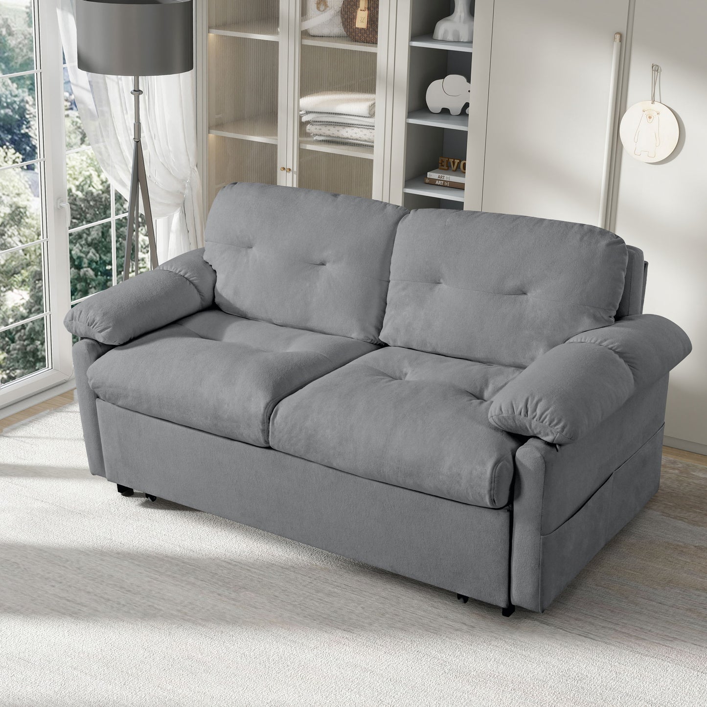 Modern Convertible Sleeper Sofa Bed With Pull Out Queen Design, Side Storage & Thick Cushions Chenille Loveseat For Living Room Or Bedroom 3 In 1 Function - Gray