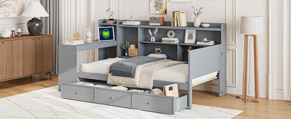 Twin Size Daybed With 3 Drawers USB Ports And Desk - Gray