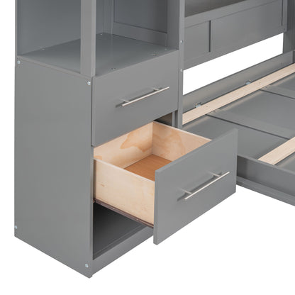 Full Size Murphy Wall Bed With Shelves, Drawers And LED Lights - Gray