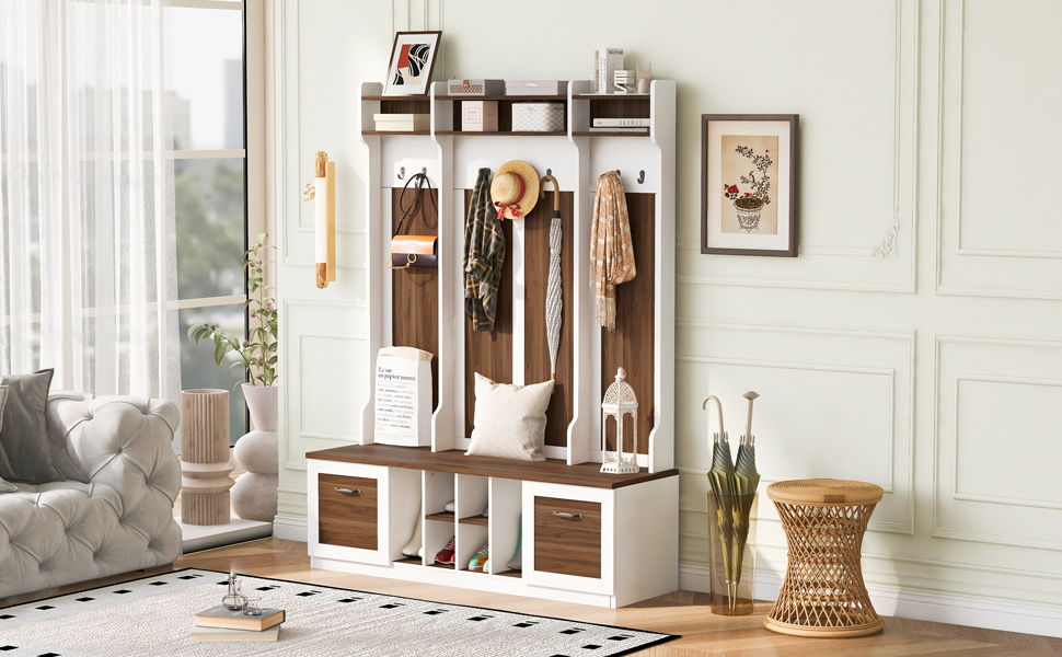 5 In 1 Entryway Bench With Coat Rack, 7 Sturdy Hooks, 2 Spacious Drawers And Adjustable Shelves, Wide Hall Tree With Metal Handles For Hallway - Brown / White