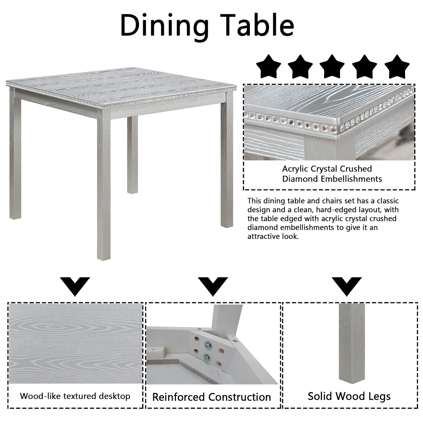 5 Piece Wooden Dining Table Set, Kitchen Table Set With A Square Table And 4 Upholstered Chairs, Wooden Dining Room Table With Crystal Decoration And Chairs Set For Kitchen, Dining Room - Silver Gray
