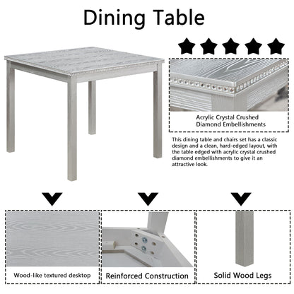 5 Piece Wooden Dining Table Set, Kitchen Table Set With A Square Table And 4 Upholstered Chairs, Wooden Dining Room Table With Crystal Decoration And Chairs Set For Kitchen, Dining Room - Silver Gray