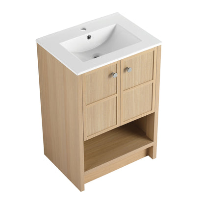 Modern 24" Freestanding Bathroom Vanity With Ceramic Sink And Soft Closing Doors - Oak