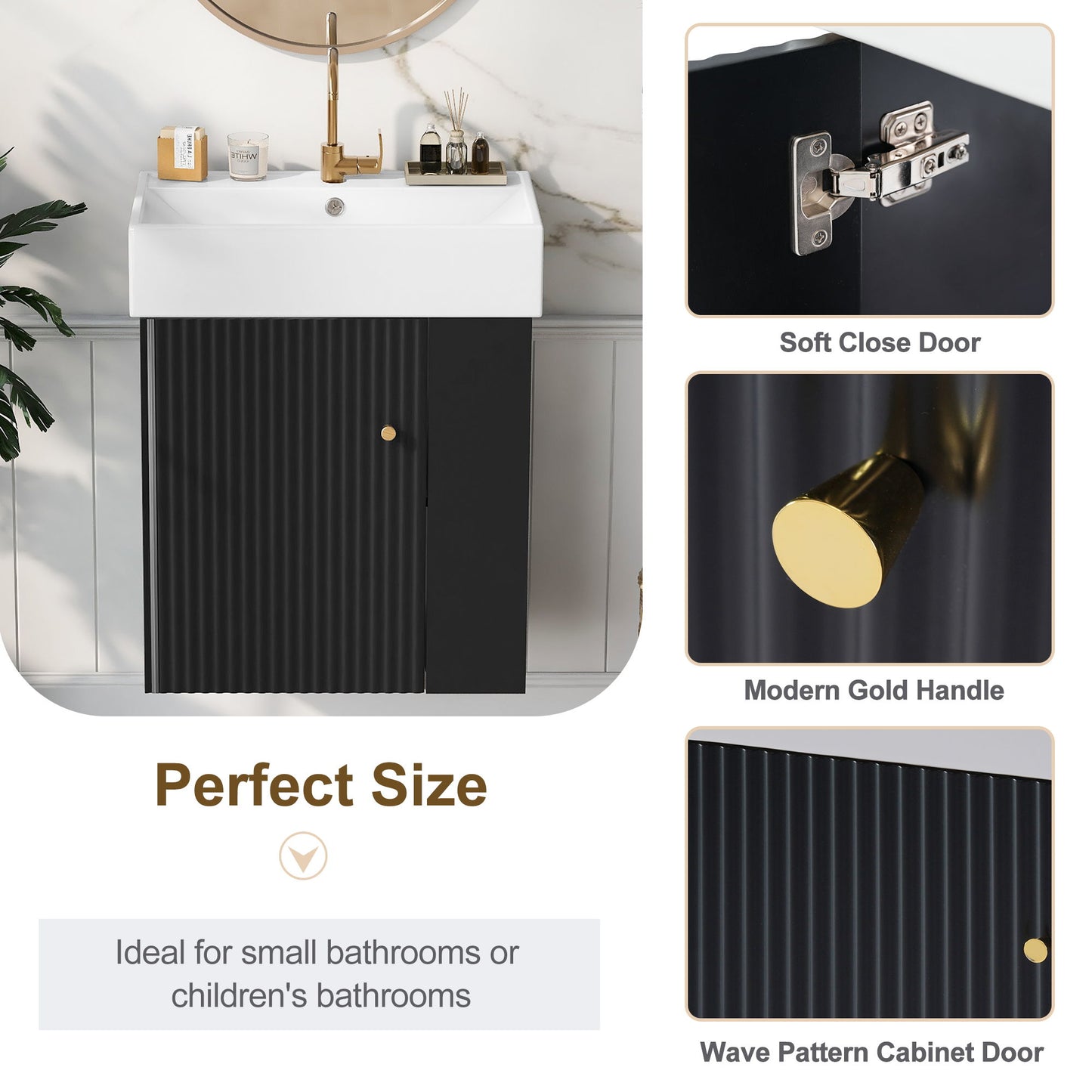 Modern Floating Bathroom Vanity With Ceramic Basin, Perfect For Small Bathrooms, Right Side Storage - Black