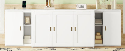Full Size Murphy Bed With Shelves, Cabinets And USB Ports - White