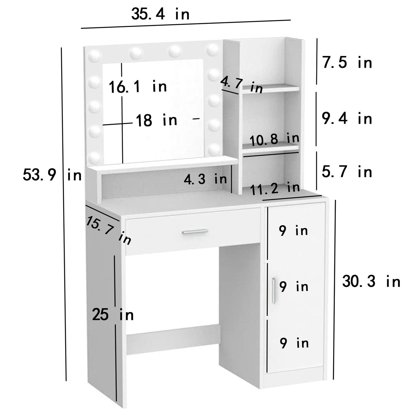 Vanity Desk With Mirror & Light, Large Drawer Three Level Storage Dresser, 3 Lighting Modes Adjustable Brightness, Bedroom Dressing Table - White