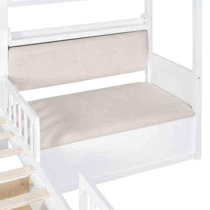 Twin Size House Bed With Sofa, Kids Platform Bed With 2 Drawers And Storage Shelf - White