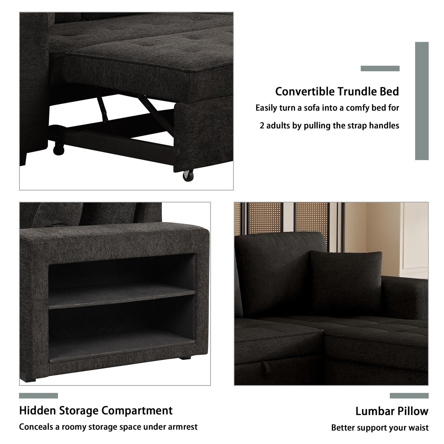 Modern L-Shape 3 Seat Reversible Sectional Couch, Pull Out Sleeper Sofa With Storage Chaise And 2 Stools For Living Room Furniture Set - Charcoal Gray