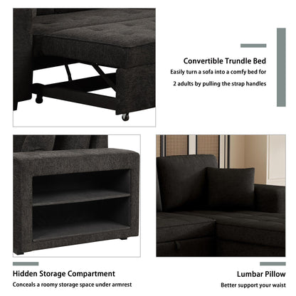 Modern L-Shape 3 Seat Reversible Sectional Couch, Pull Out Sleeper Sofa With Storage Chaise And 2 Stools For Living Room Furniture Set - Charcoal Gray