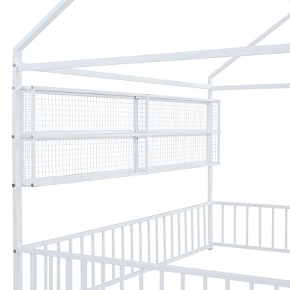 Full Size Bed House Frame With Fence And Shelves - White