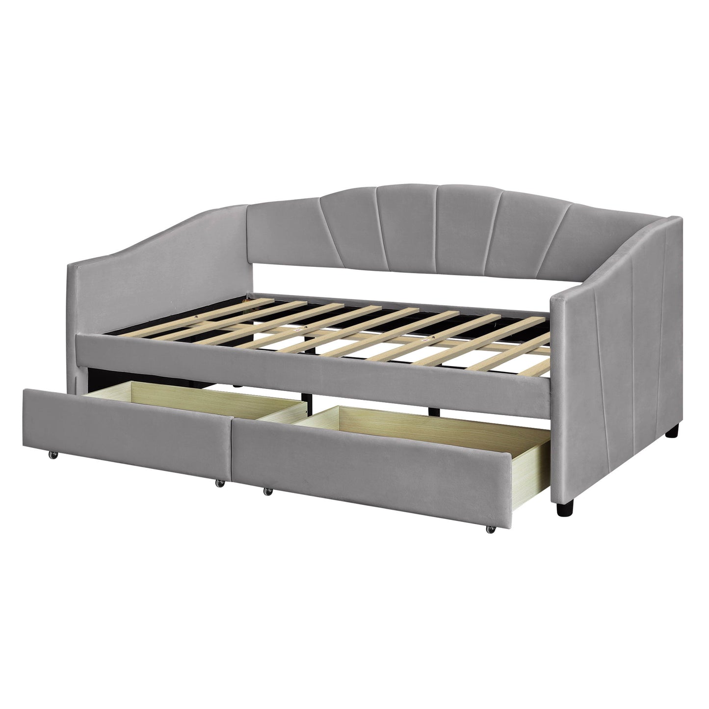 Twin Size Upholstered Daybed With Two Drawers And Slat - Gray