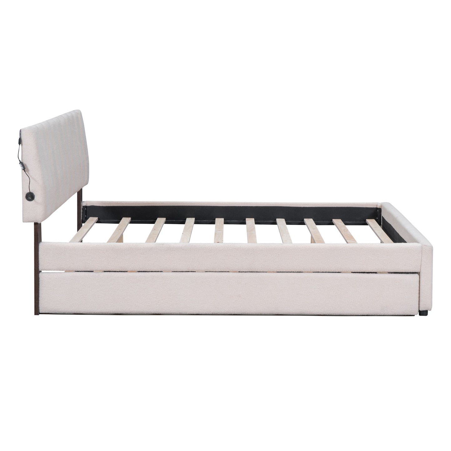 Queen Size Upholstered Platform Bed With Twin Long Trundle - Beige