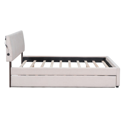 Queen Size Upholstered Platform Bed With Twin Long Trundle - Beige