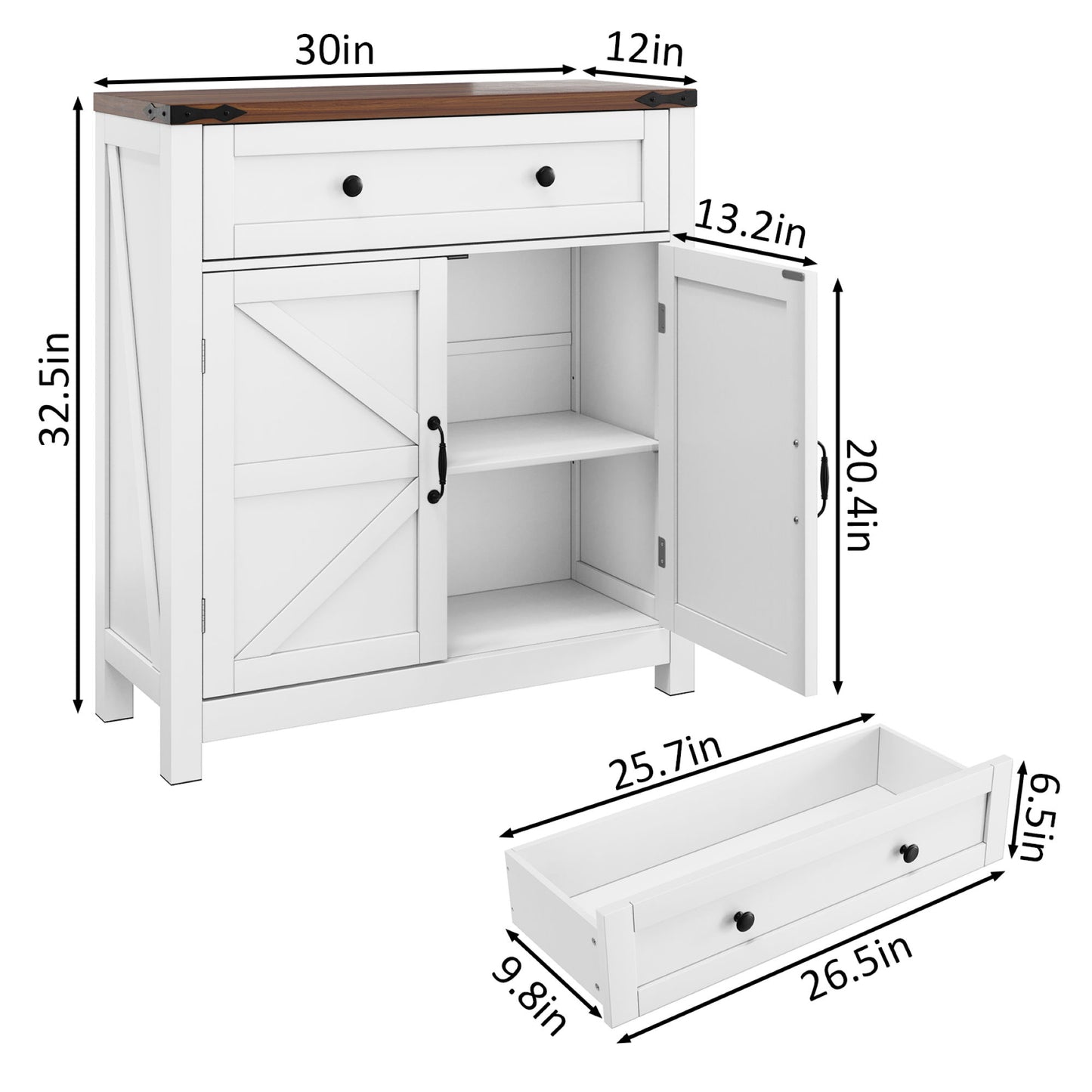 Farmhouse Storage Cabinet With Drawer And Adjustable Shelf Kitchen Cabinet With Walnut Countertop, Modern Coffee Bar Console Cabinet For Kitchen, Dining Room, Bathroom, Entryway - White