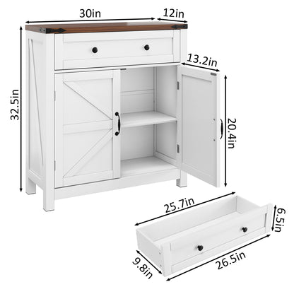 Farmhouse Storage Cabinet With Drawer And Adjustable Shelf Kitchen Cabinet With Walnut Countertop, Modern Coffee Bar Console Cabinet For Kitchen, Dining Room, Bathroom, Entryway - White