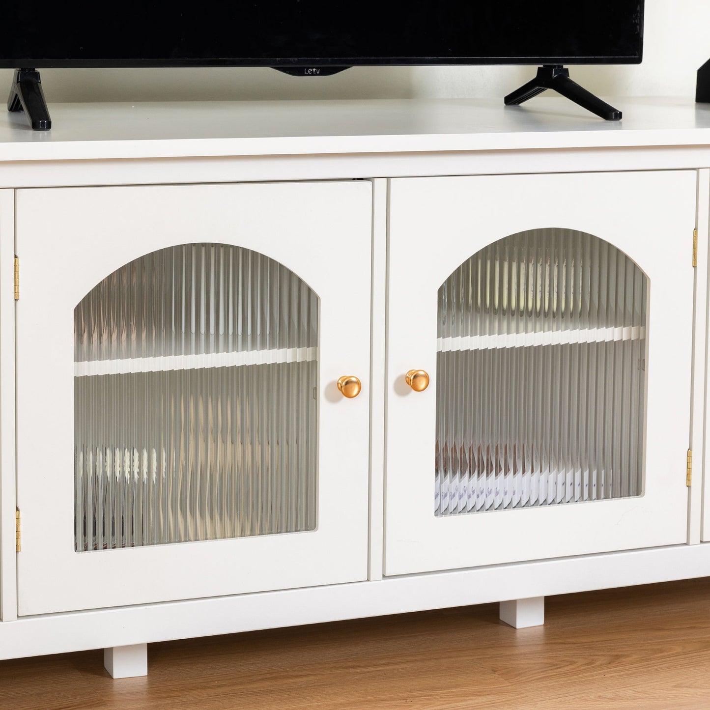 StylishTVcabinet, Entertainment CenterTV Stand, TVconsoletable, Media Console, Solidwood Frame, Changhong Glass Door, Metal Handle - Antique White
