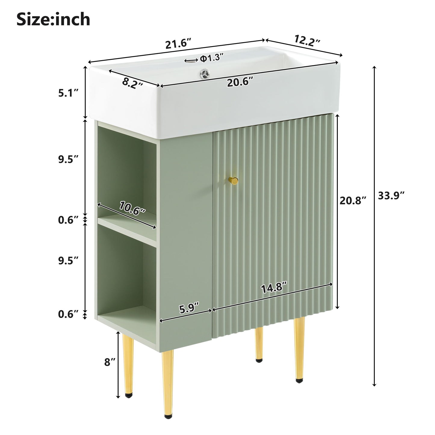 Bathroom Vanity, Combo Cabinet, Bathroom Storage Cabinet, Single Ceramic Sink, Left Side Storage - Green